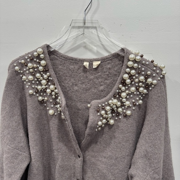 Anthropologie Moth Cardigan Sweater Pearl Neck Taupe Grey Alpaca Wool Large - Picture 3 of 11